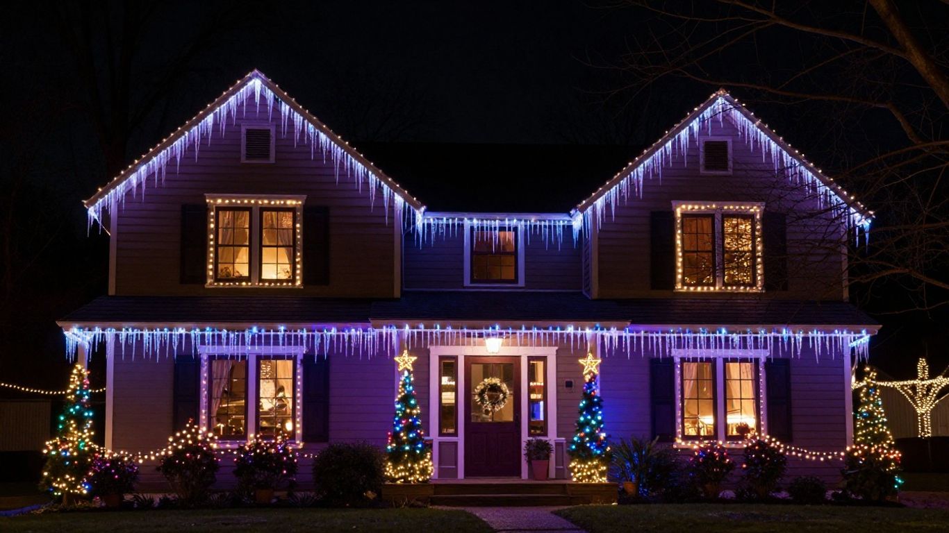 Shiloh house decorated with colorful Christmas lights at night.