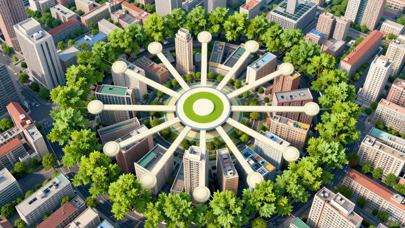 Cityscape with expanding circles and green foliage.