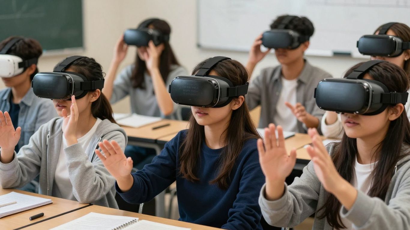 Estudantes usando óculos de realidade virtual em sala de aula.