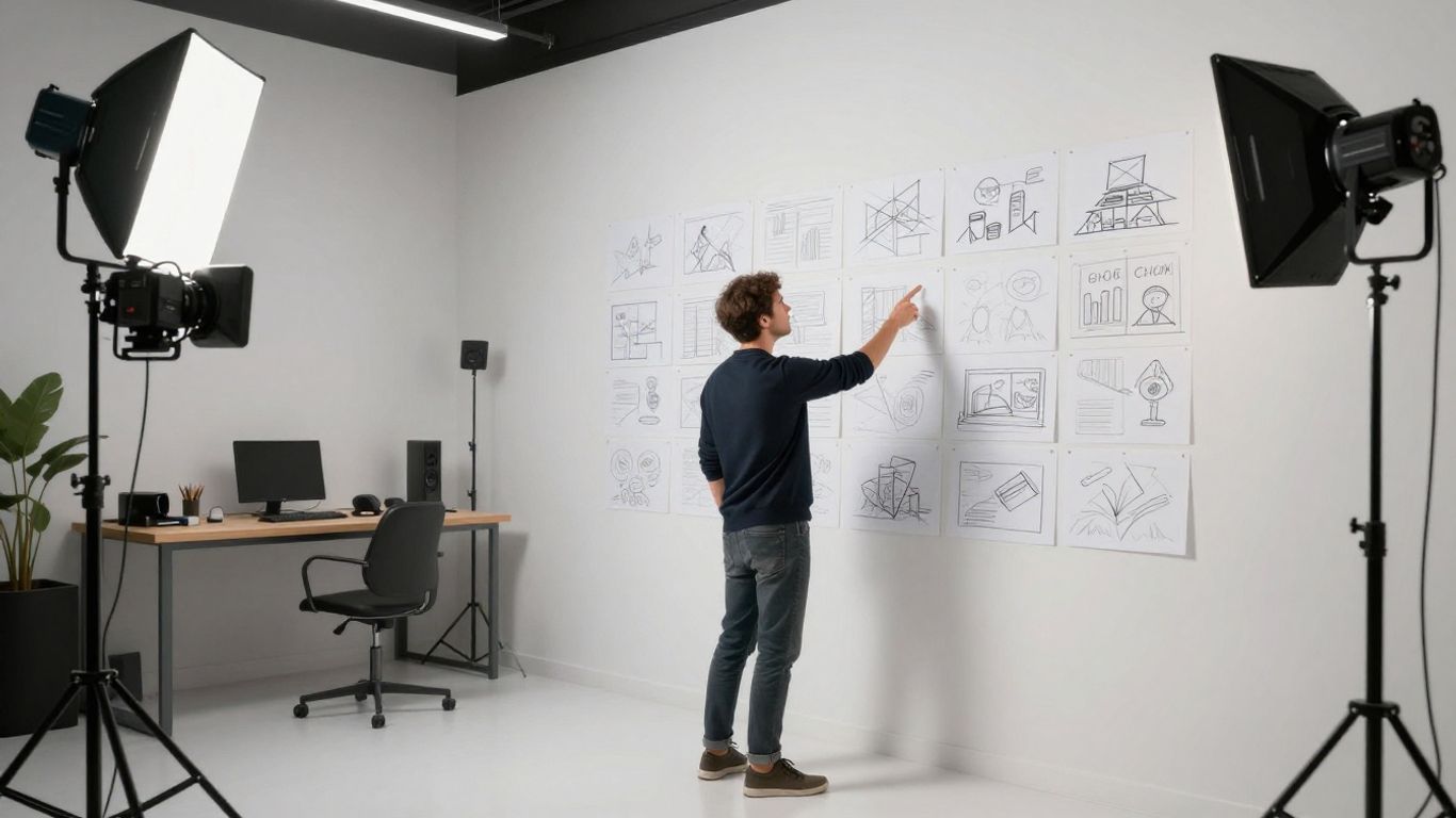 A clean studio space with cameras and a producer planning a shoot