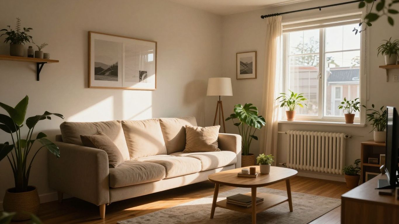 Interior de apartamento acogedor con pertenencias personales.