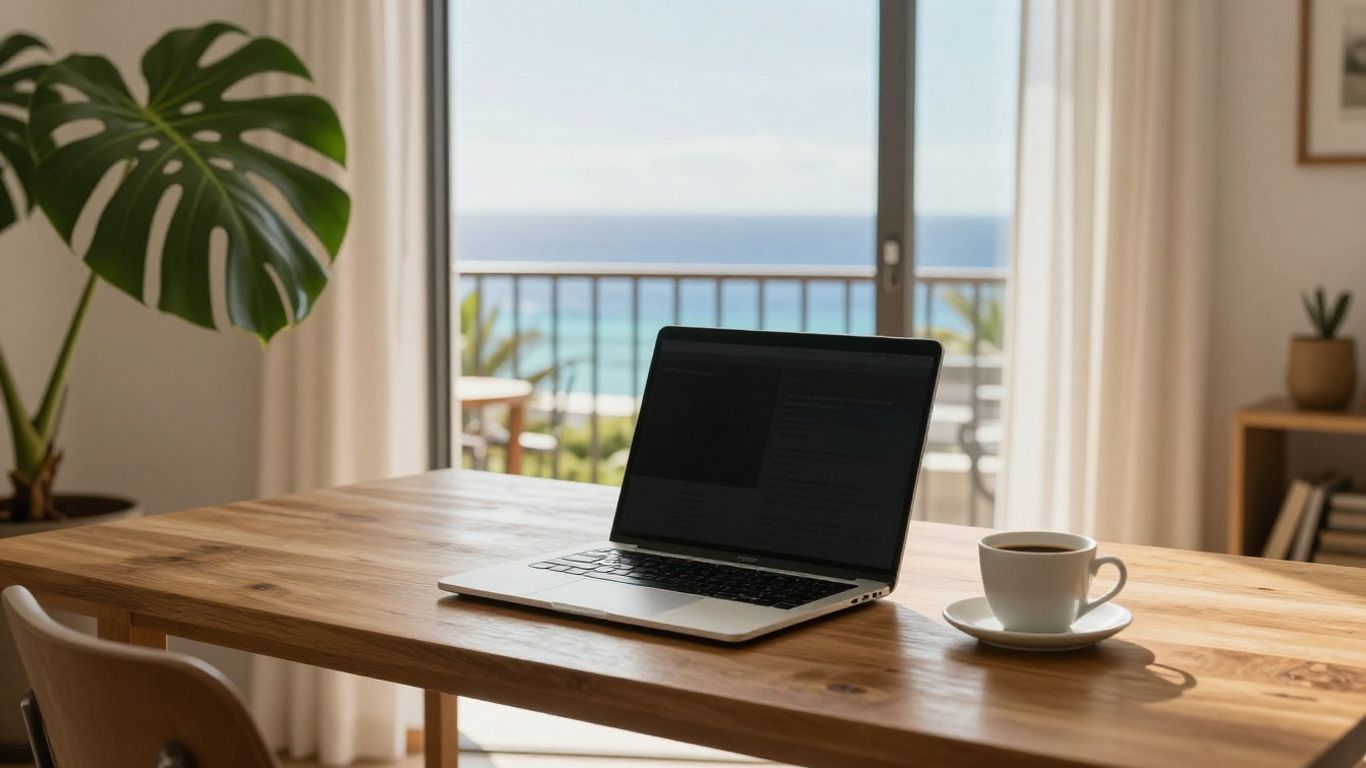 Remote worker at desk overlooking Las Palmas