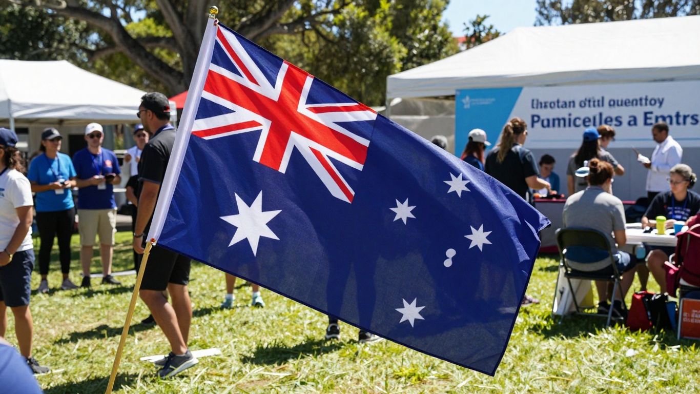 Australian flag with community members in education and health settings.