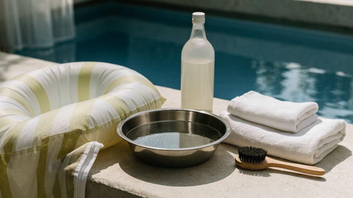 A fabric pool float beside gentle cleaning supplies