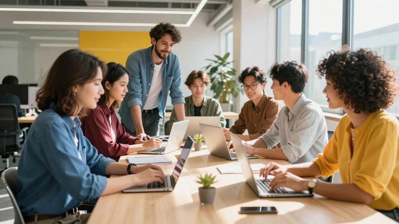 Business professionals collaborating in a bright, modern office.