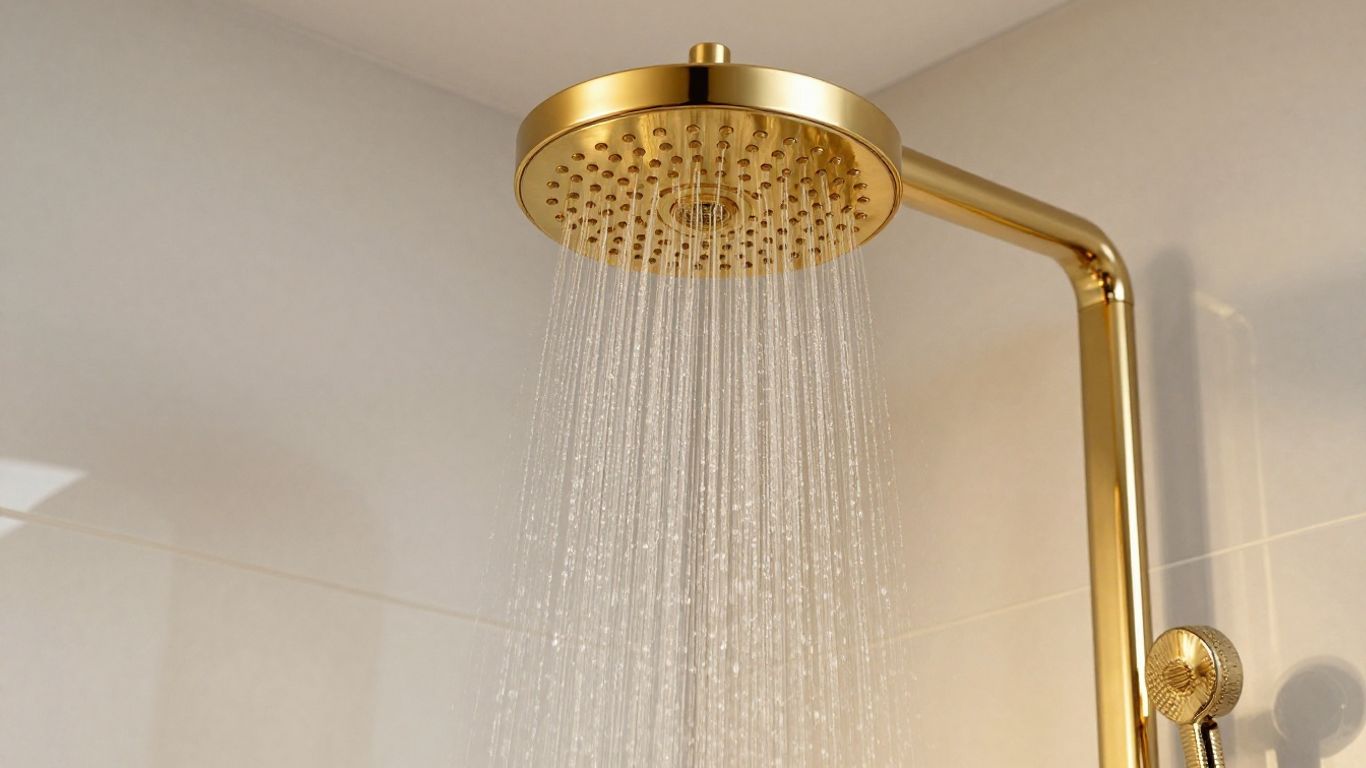 Gold rainfall shower head with cascading water.