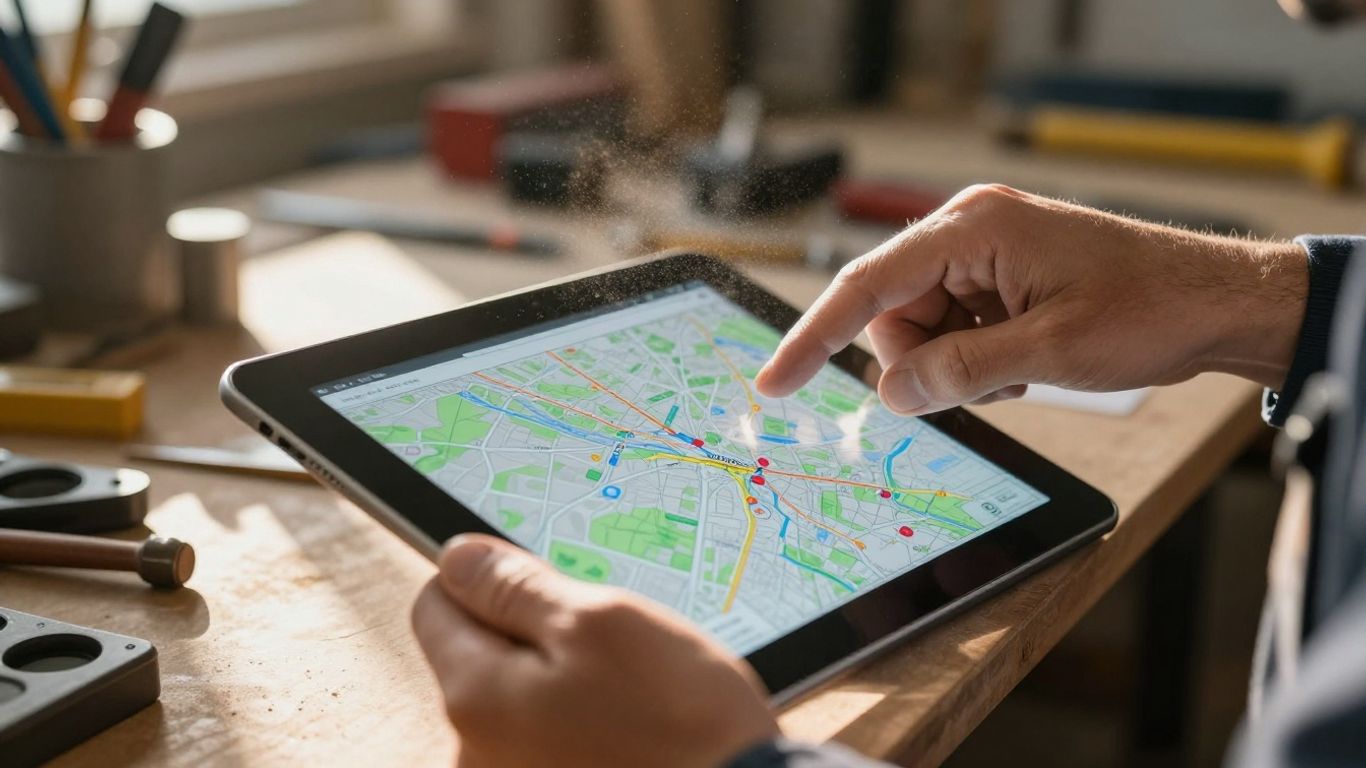 Contractor optimizing Google Business Profile on a tablet.