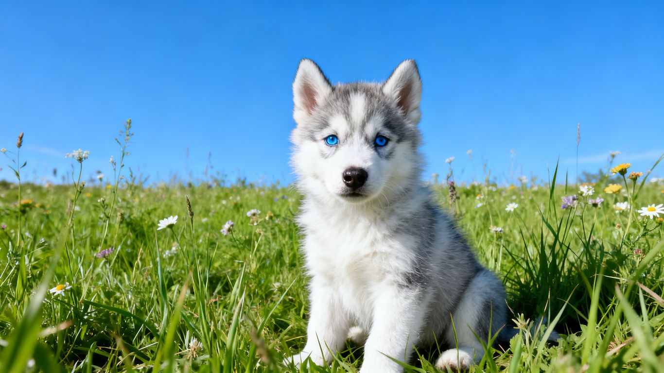 A fluffy Husky puppy sitting in a meadow