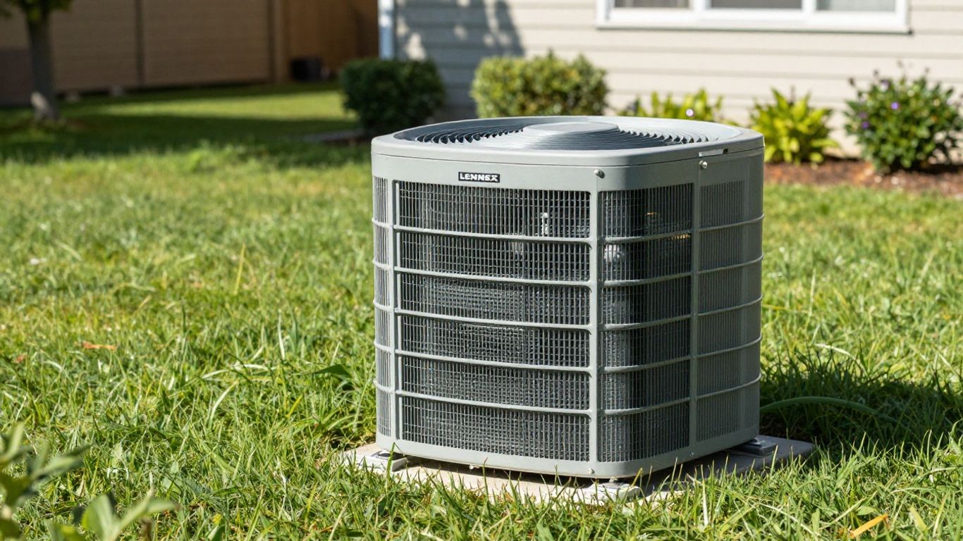 Lennox AC unit outside a home on a sunny day.