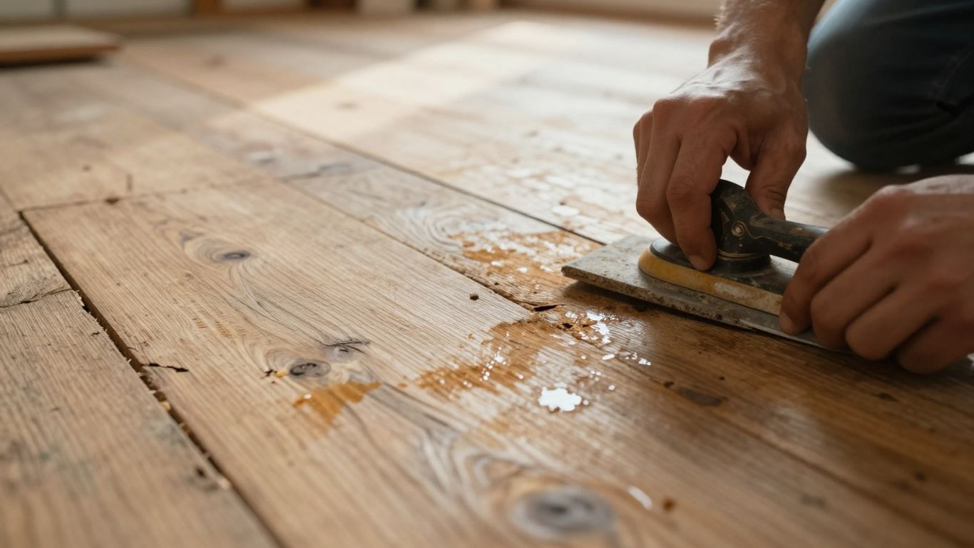 Water-damaged wood floor being repaired by hands.