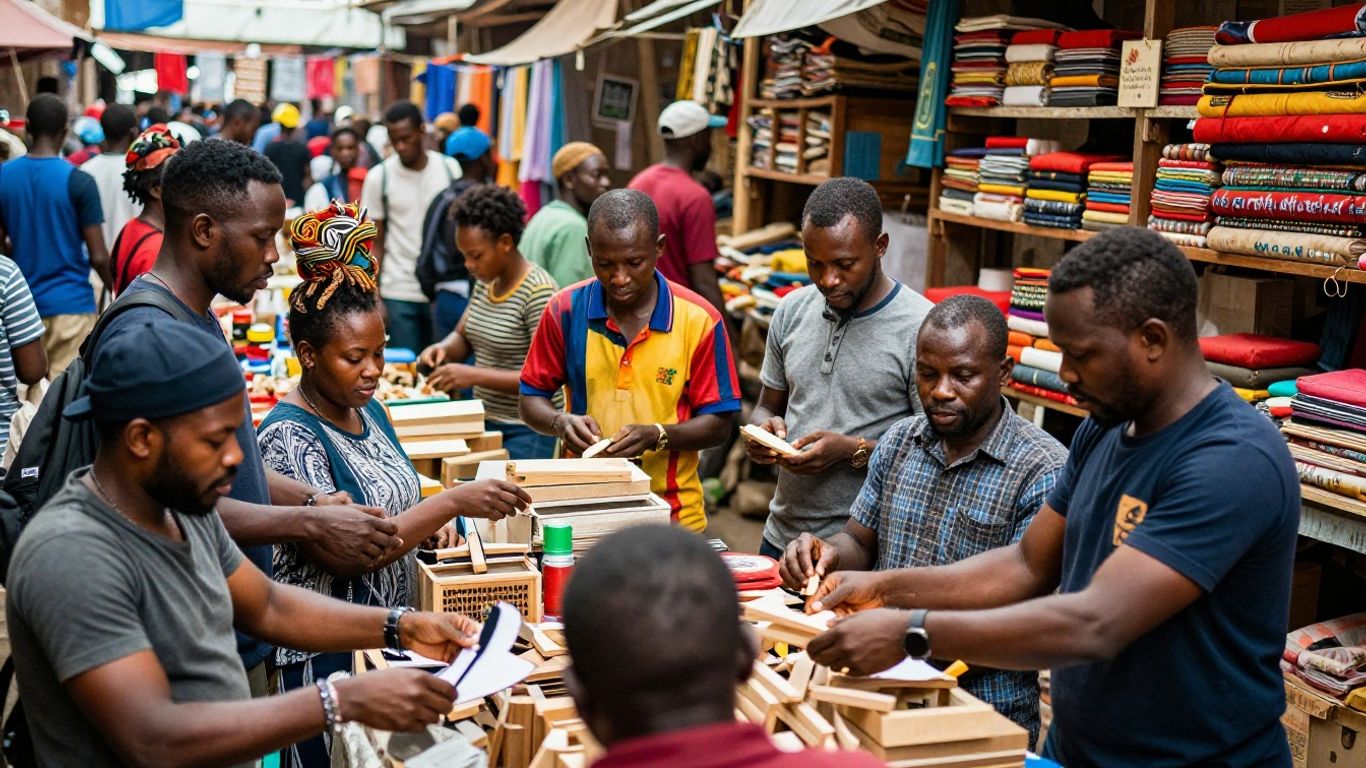 Marketing competition. People collaborating in a busy marketplace, forging connections.