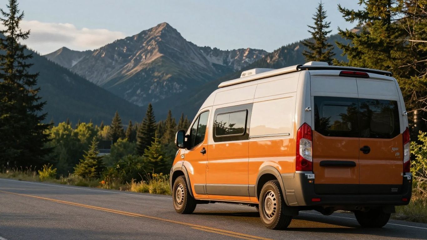 Campervan parked on a scenic Canadian roadside with mountains.