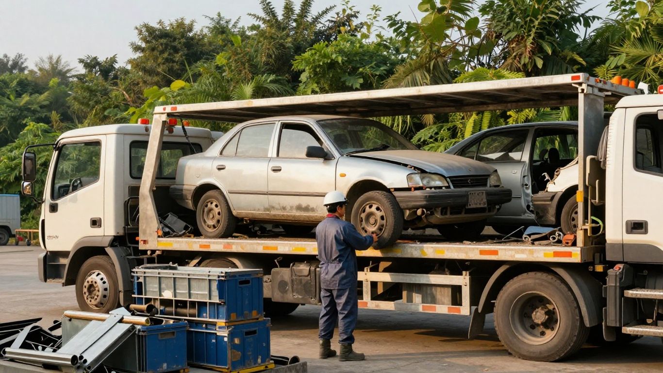Tow truck loading an old car beside a recycling facility