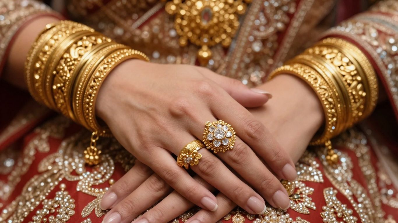 Bride's hands with traditional gold bangles and diamond ring.