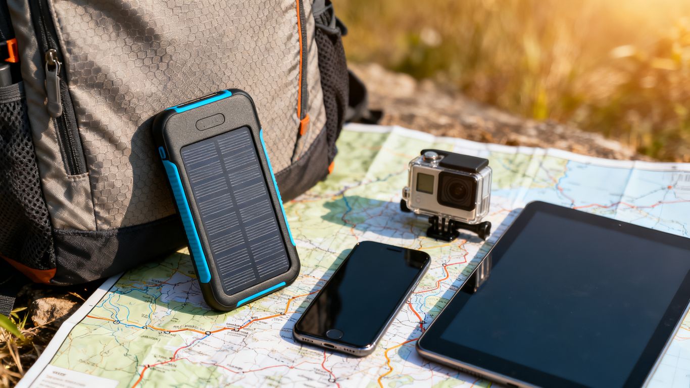 Chargeur solaire portable près d’un sac de randonnée