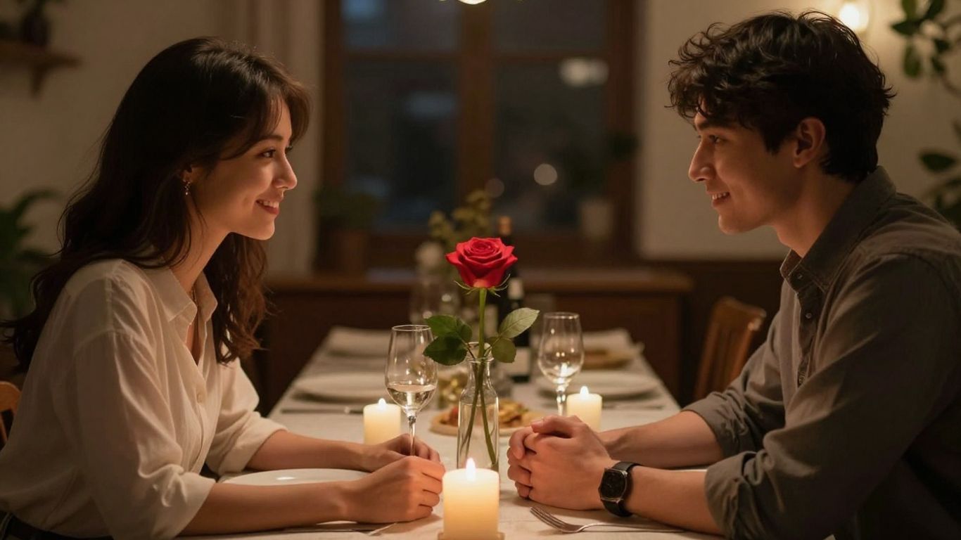 Pareja celebrando una fecha especial en una cena romántica.