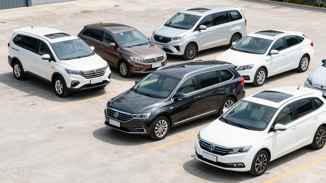 Cars and vans parked at local dealerships