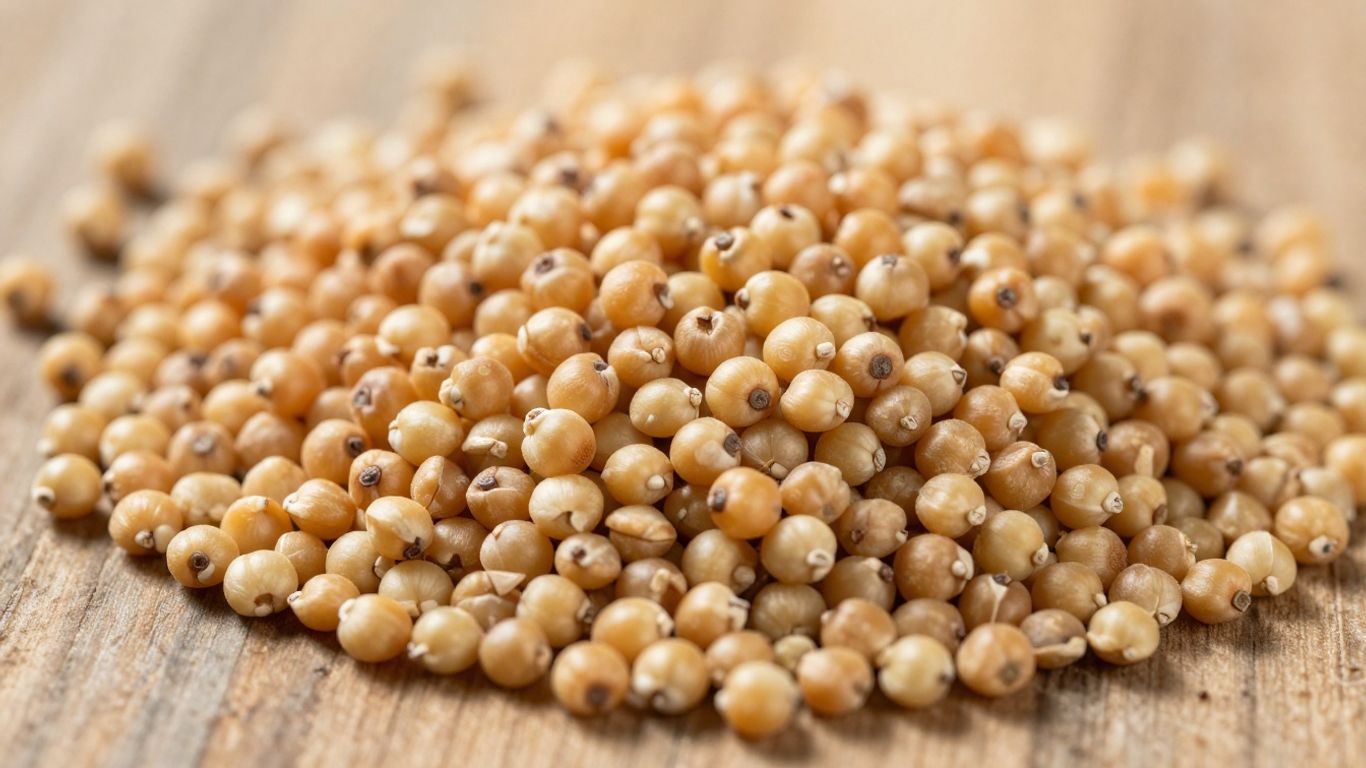 Golden bajra grains piled on a wooden surface.