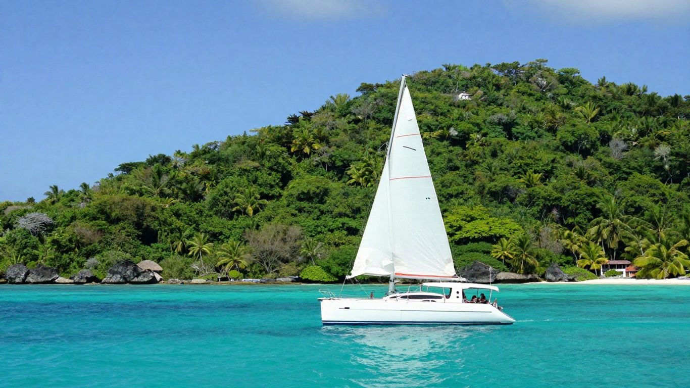 Catamaran sailing on turquoise Caribbean waters near islands.