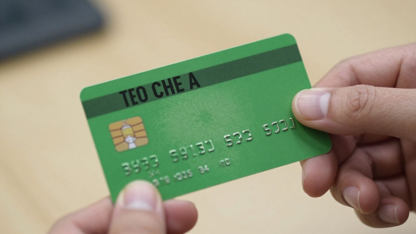 Tarjeta verde en mano con fondo borroso.