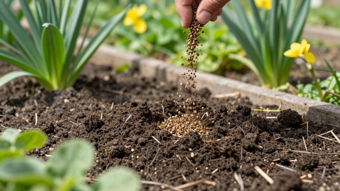 Frühlingsgarten mit organischem Dünger und grünen Pflanzen