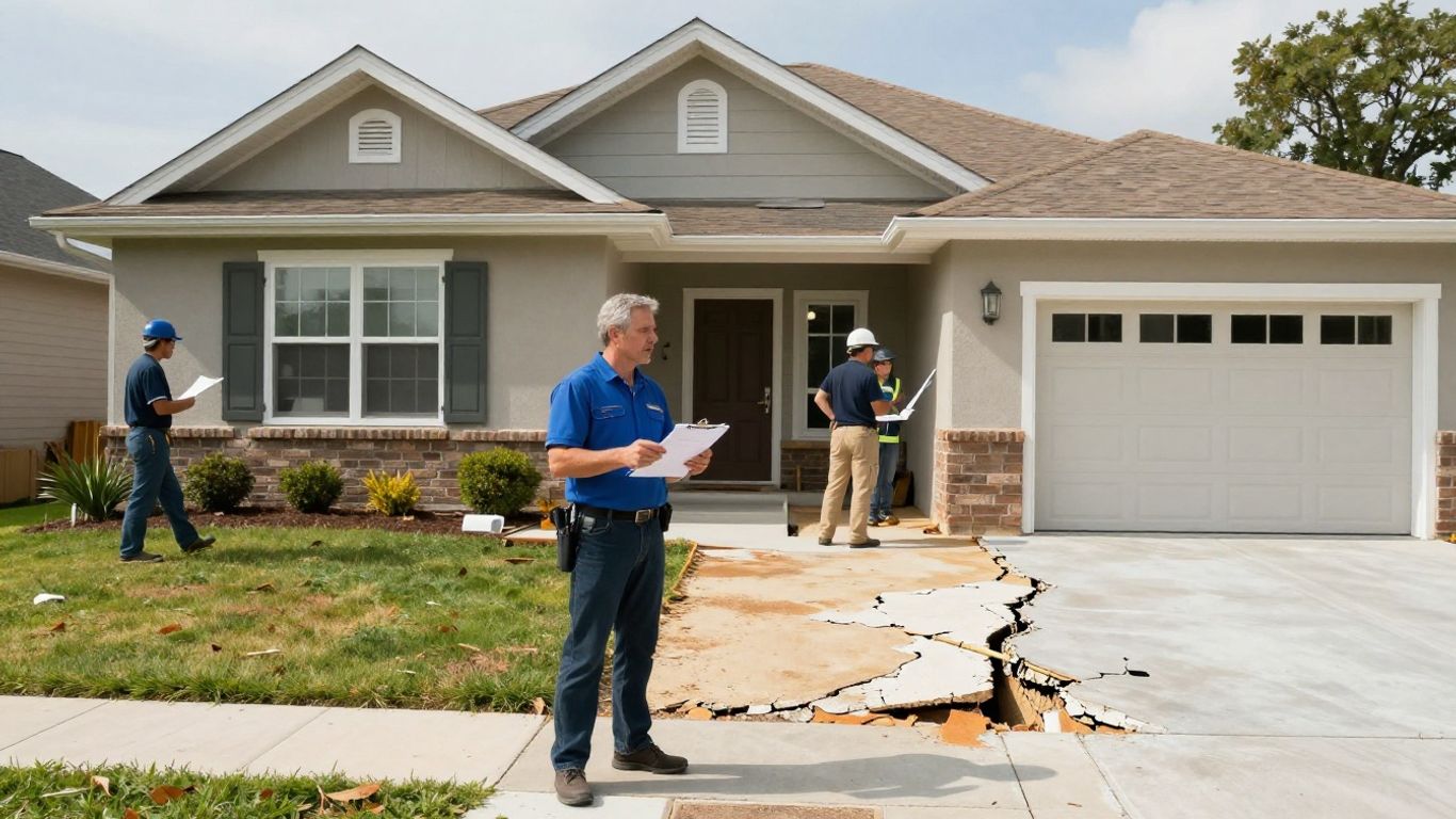 Real estate agent and homeowner review home foundation damage