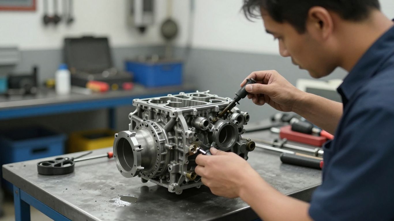 Technician inspecting a used car transmission