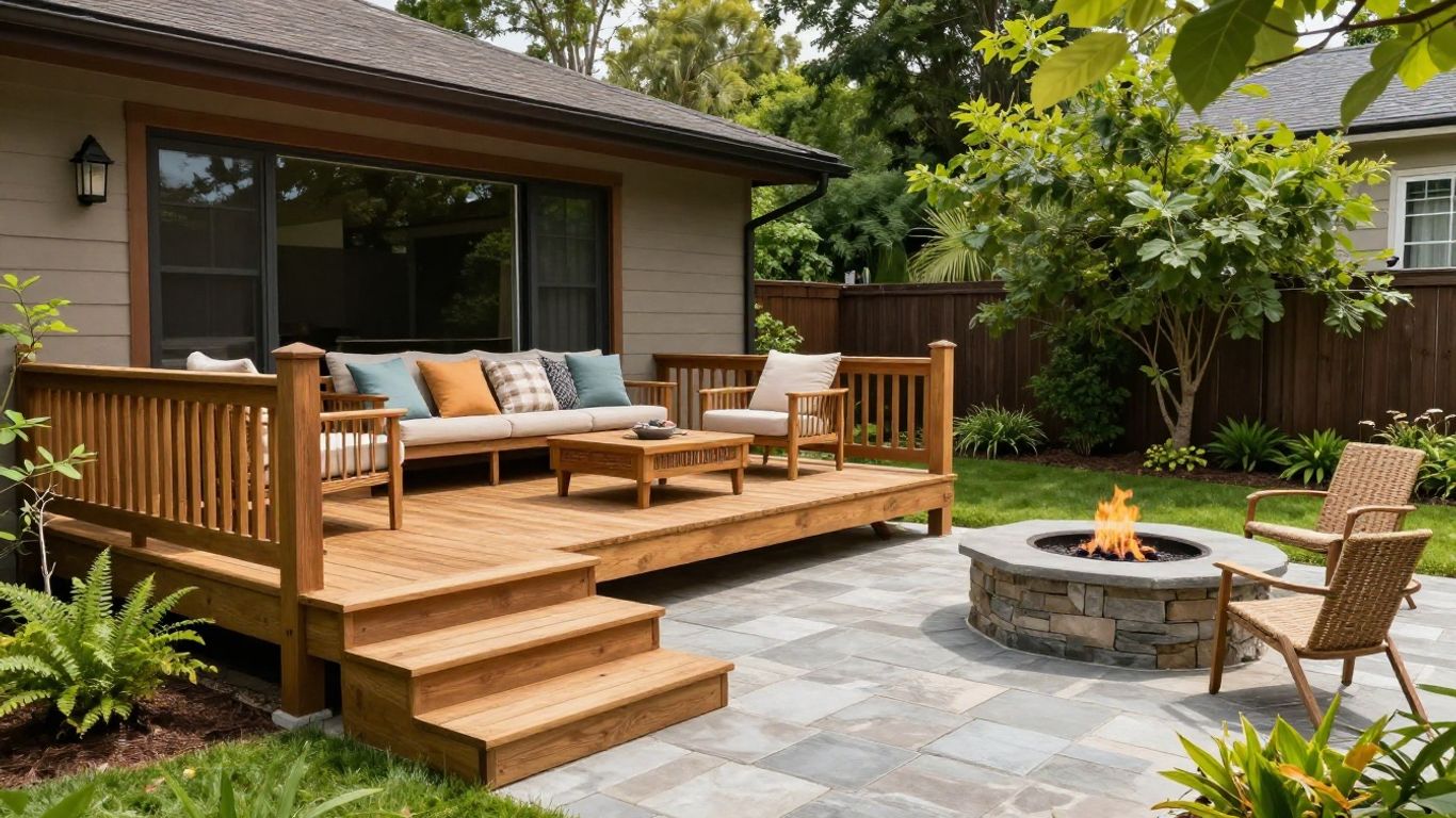 Deck and patio outdoor living space with landscaping.