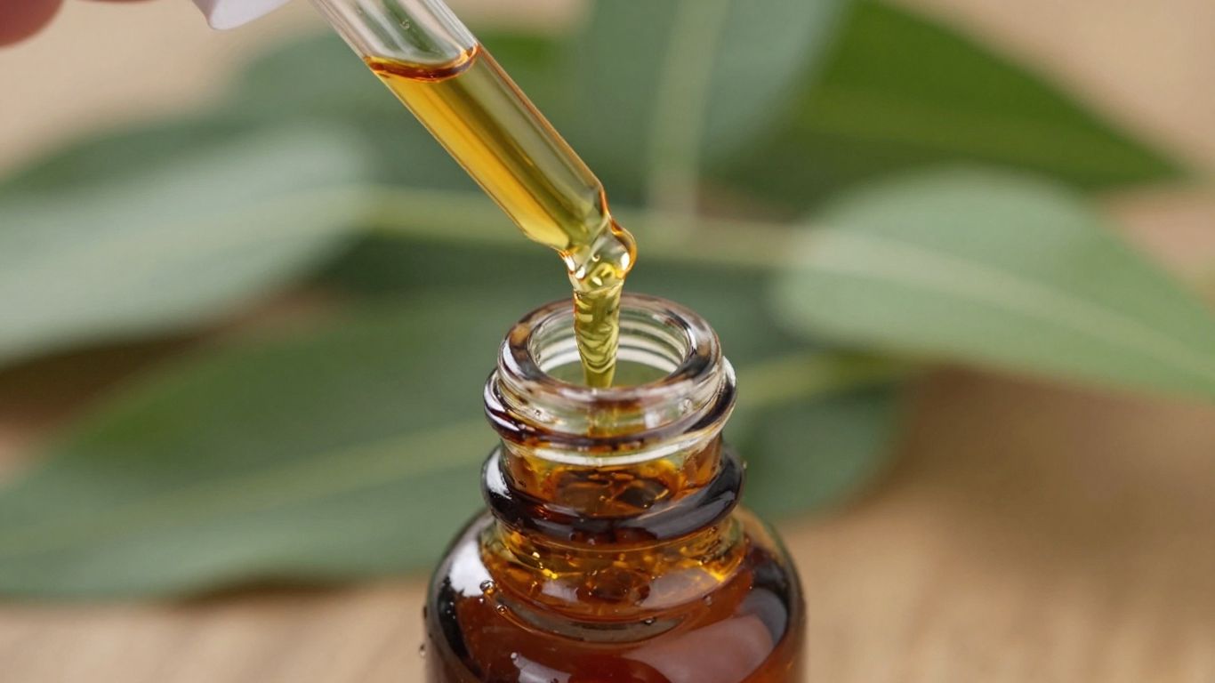 Patchouli oil pouring from dropper into vial