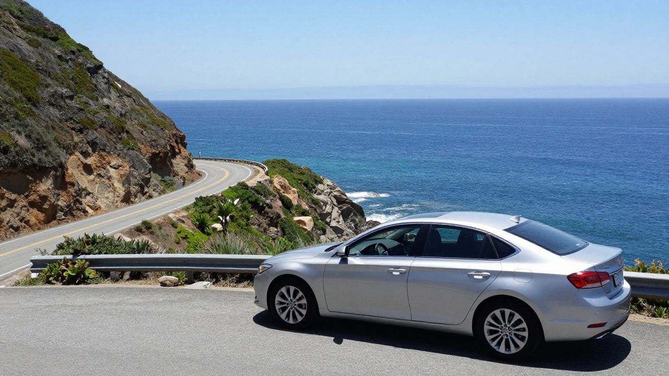 California coastline visible from a rental sedan