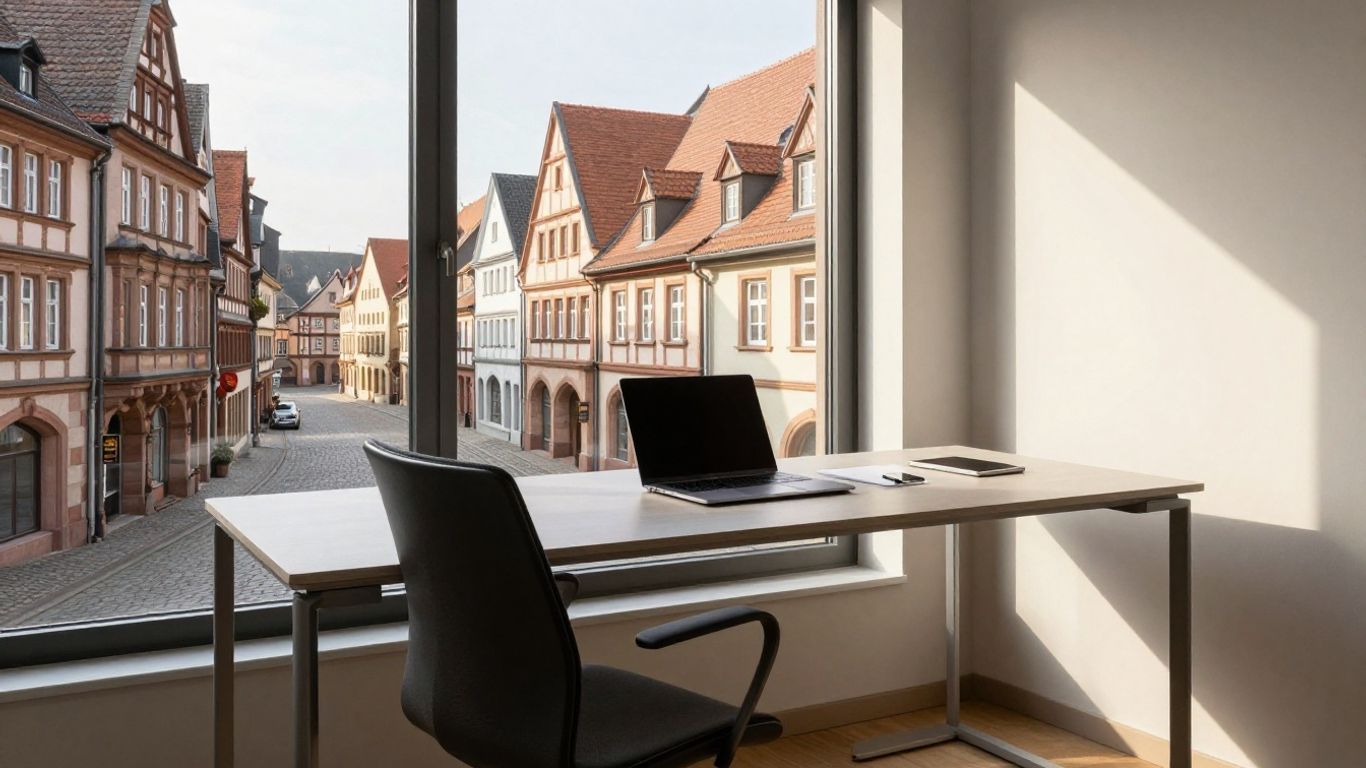 Professional workspace with German architectural view