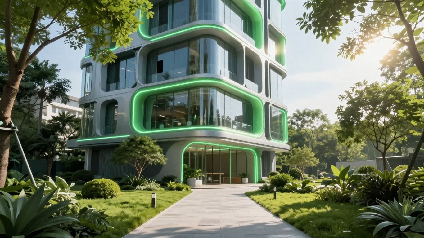 Energy-efficient building with green accents and sunlight.