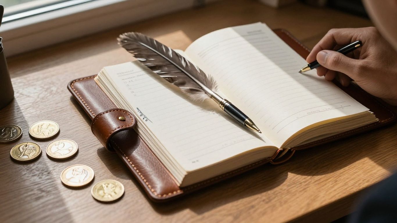 Notar-Schreibtisch mit Dokumenten und Münzen