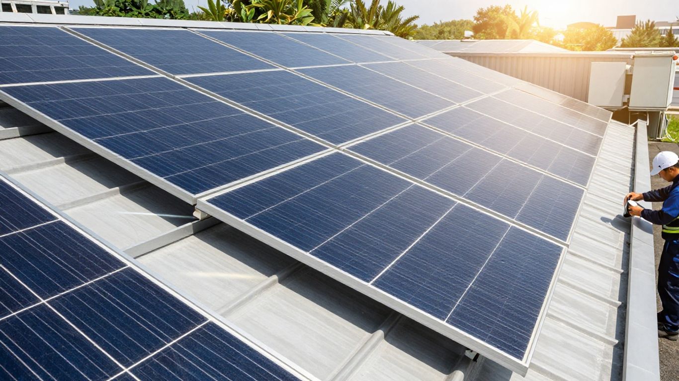 Panneaux solaires sur un toit, inspection technique.