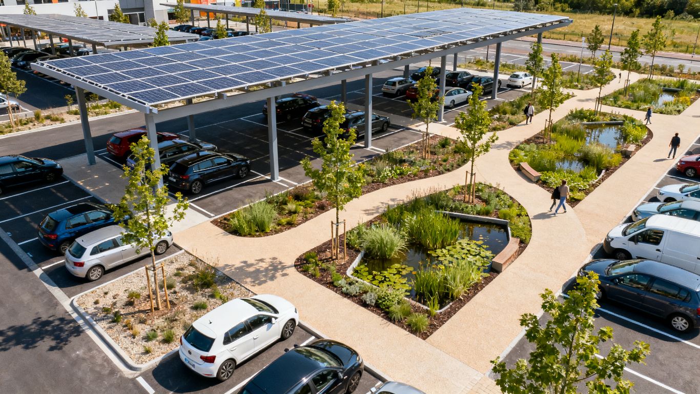 Plan de parking avec ombrières et plantations