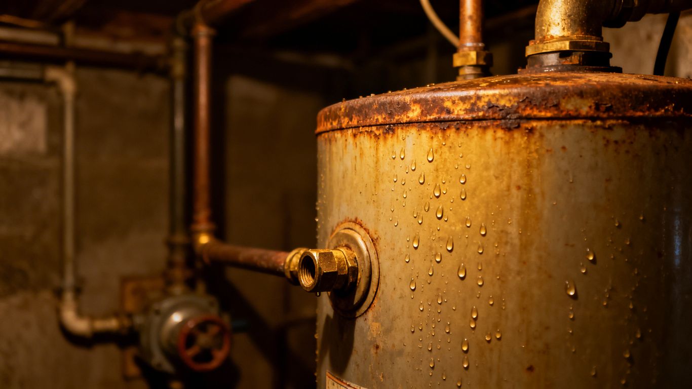 Old, dripping water heater in a utility room.