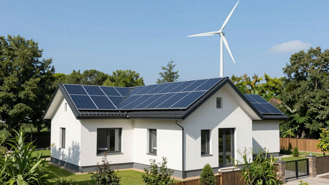 Maison avec panneaux solaires et éolienne, énergies renouvelables.