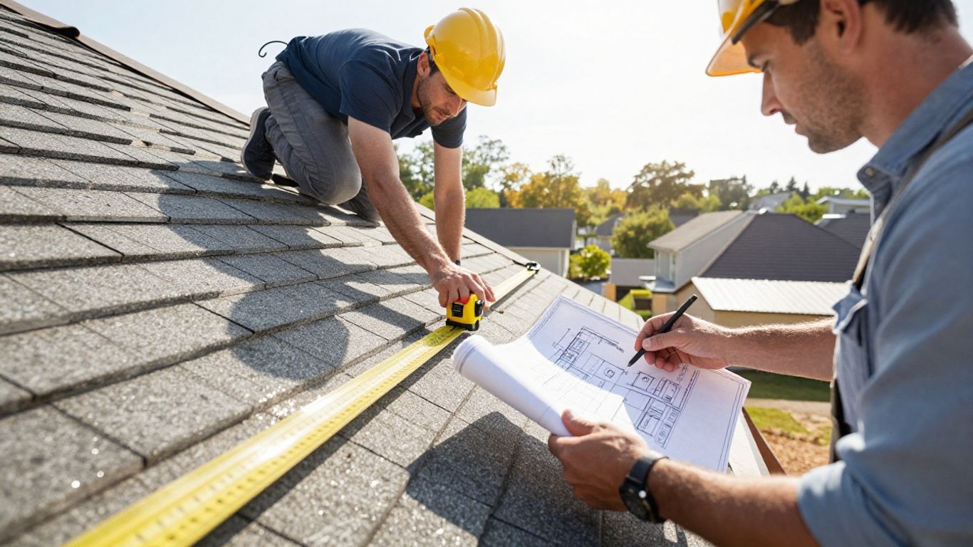 Contractor measuring a roof for a bid.