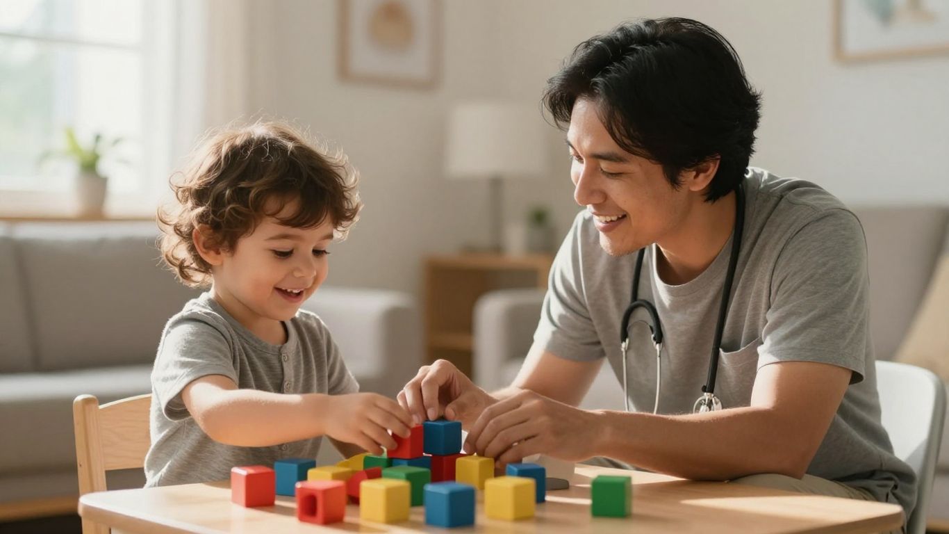 Therapist playing with a toddler using building blocks.