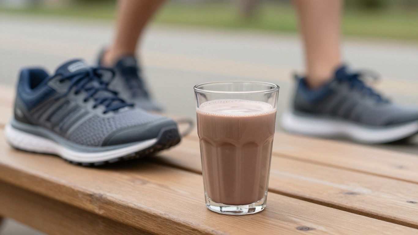 Glass of chocolate milk next to a running shoe.