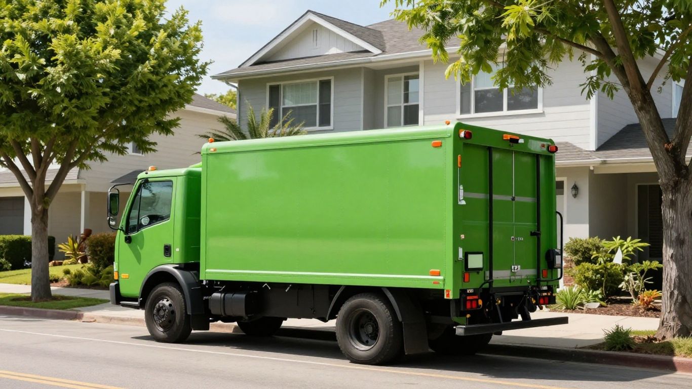 Tree service truck on a sunny suburban street with trees.