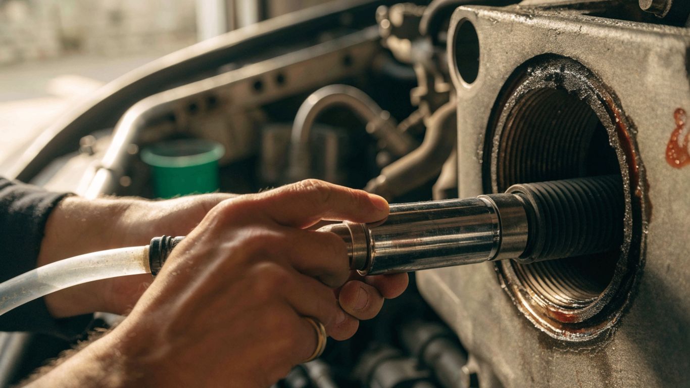 Close view of a technician testing an engine cylinder