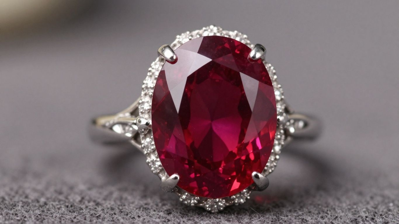 Close-up of a ruby ring with intricate band details.