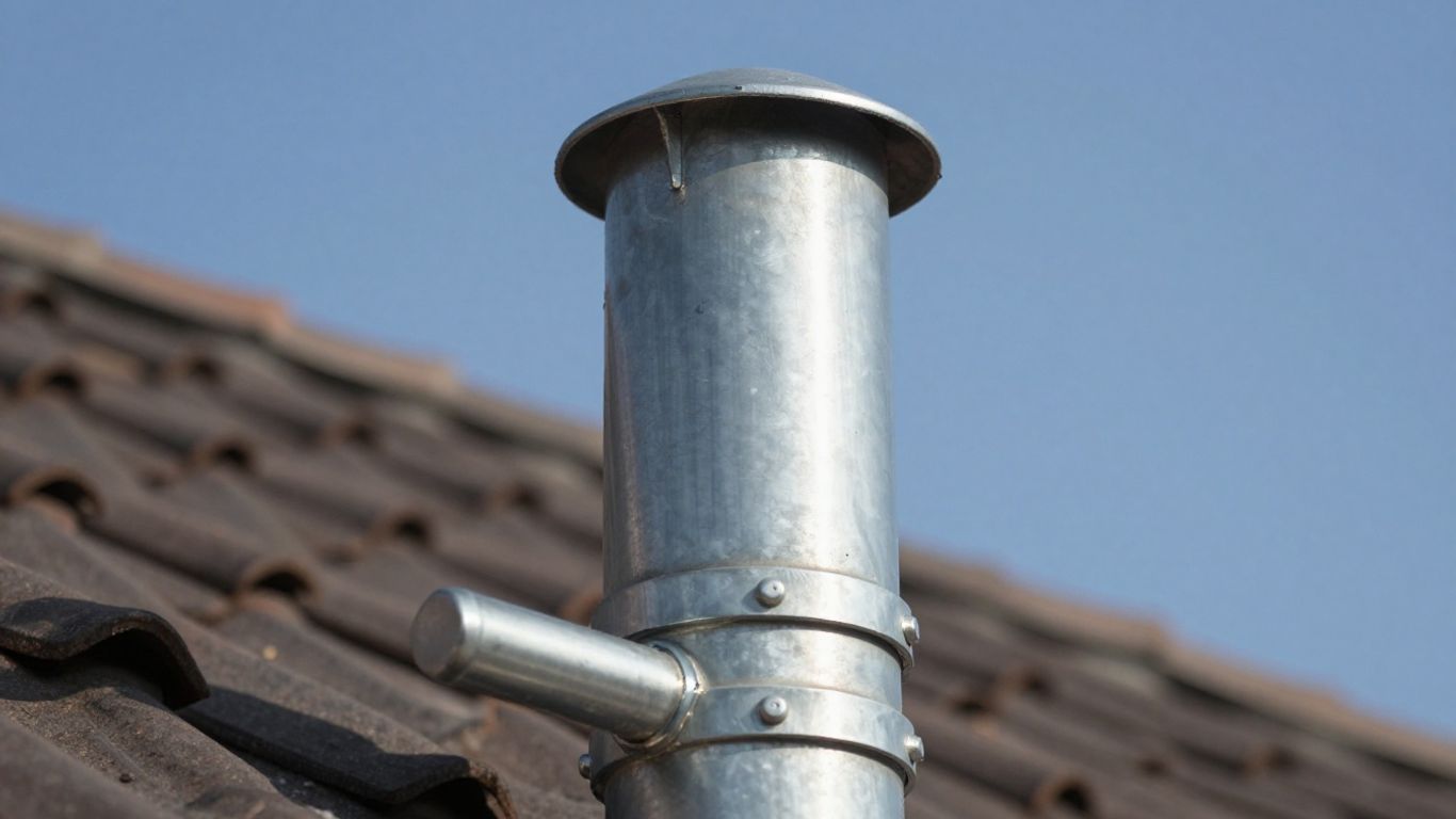 Installation de tubage de cheminée en métal sur un toit.