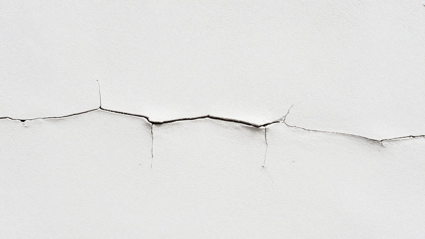 Close-up of plaster wall with hairline cracks.