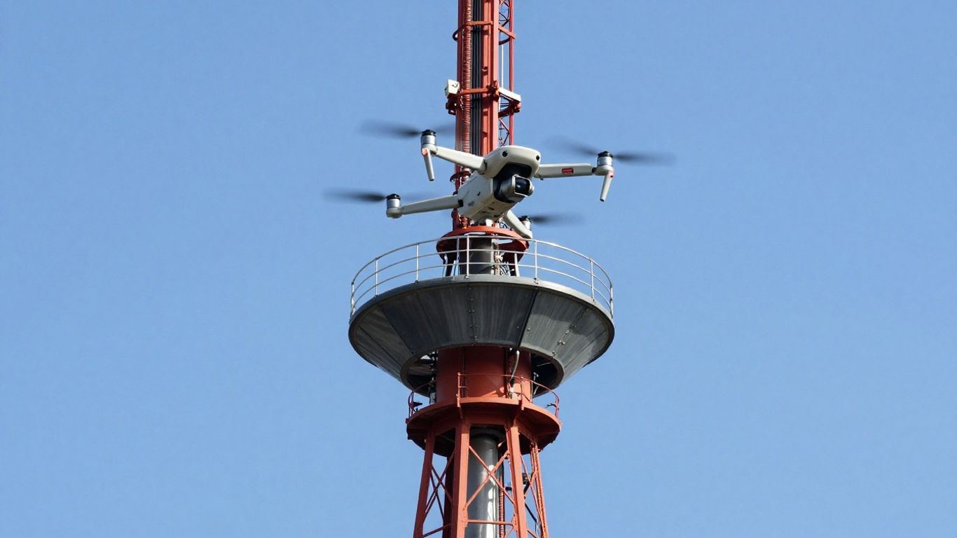 Drone inspecting a cell tower from above.