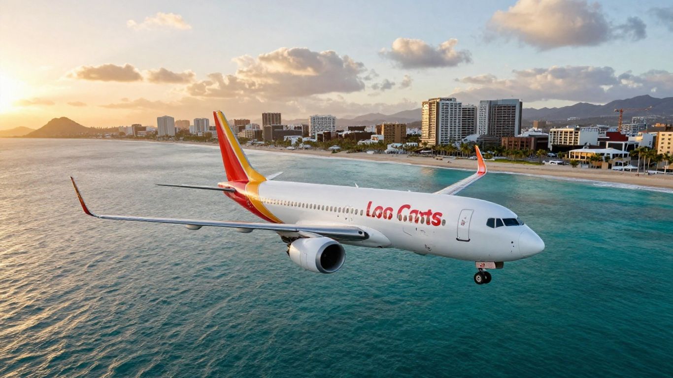 Southwest Airlines plane flying over Los Cabos coast at sunset.