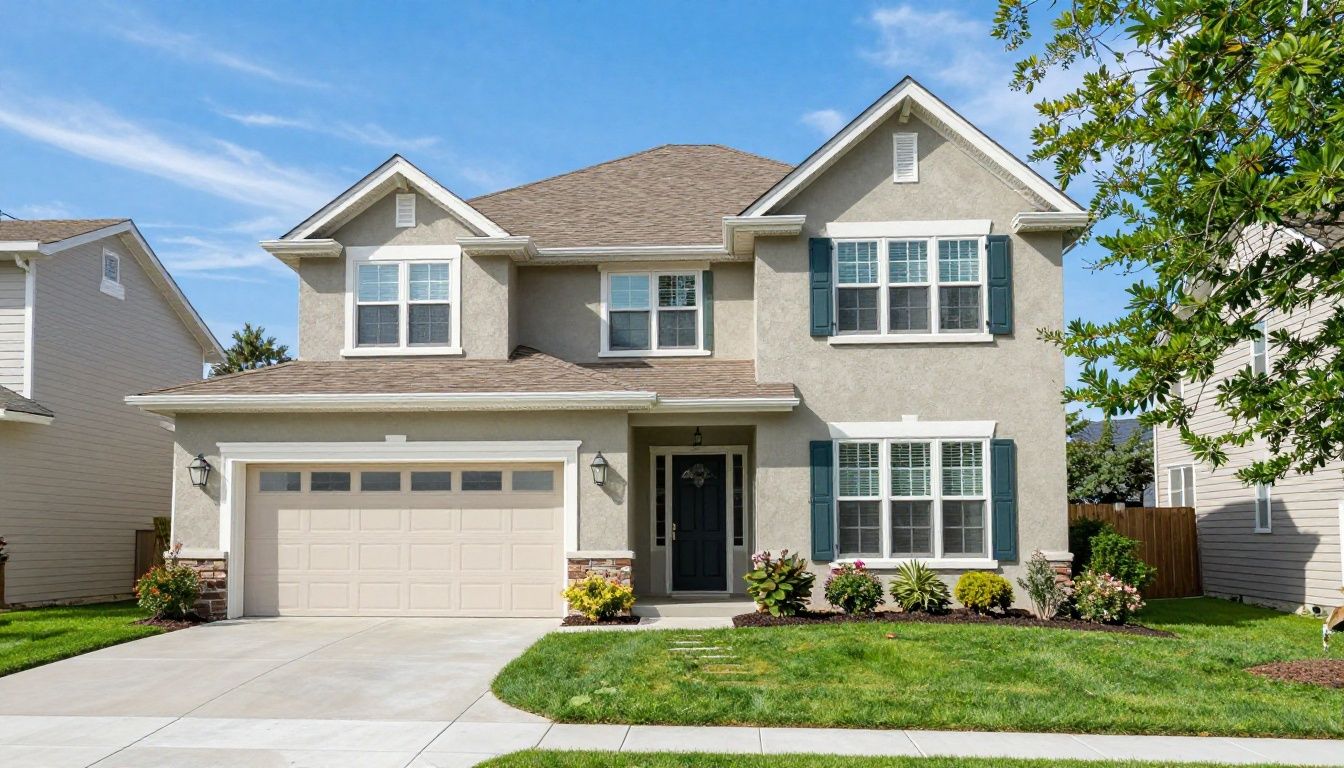 A beautifully painted residential stucco home in a quiet suburban neighborhood with fresh landscaping
