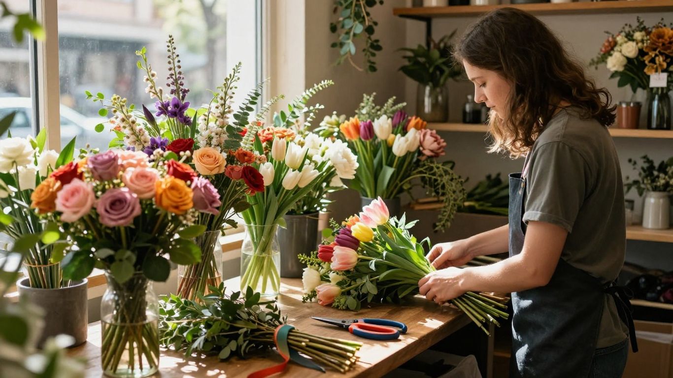 A florist preparing bouquets for local delivery