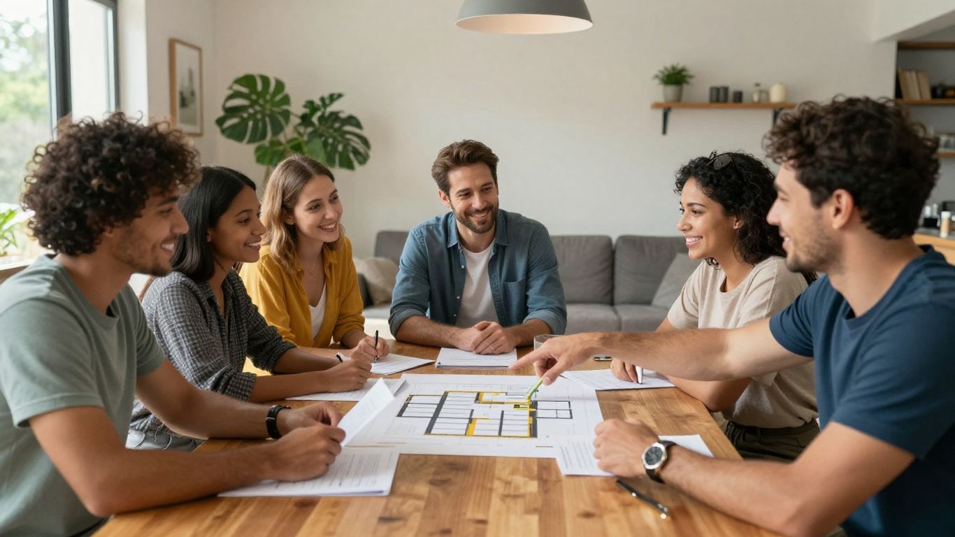 Homeowners reviewing property documents and discussing options.
